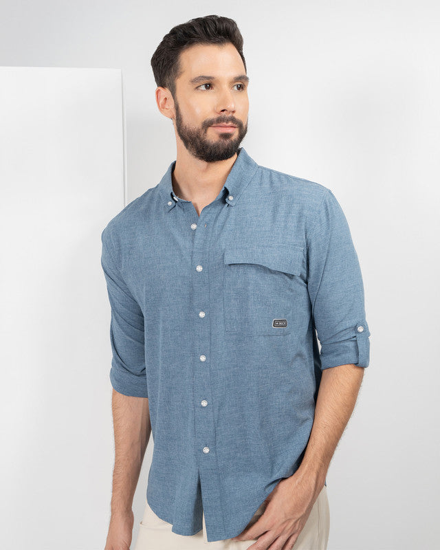Camisa Casual Paz, Azul, vista frontal, fit Regular, Poliéster, con Tela estiramiento 4 vías, ideal para oficina