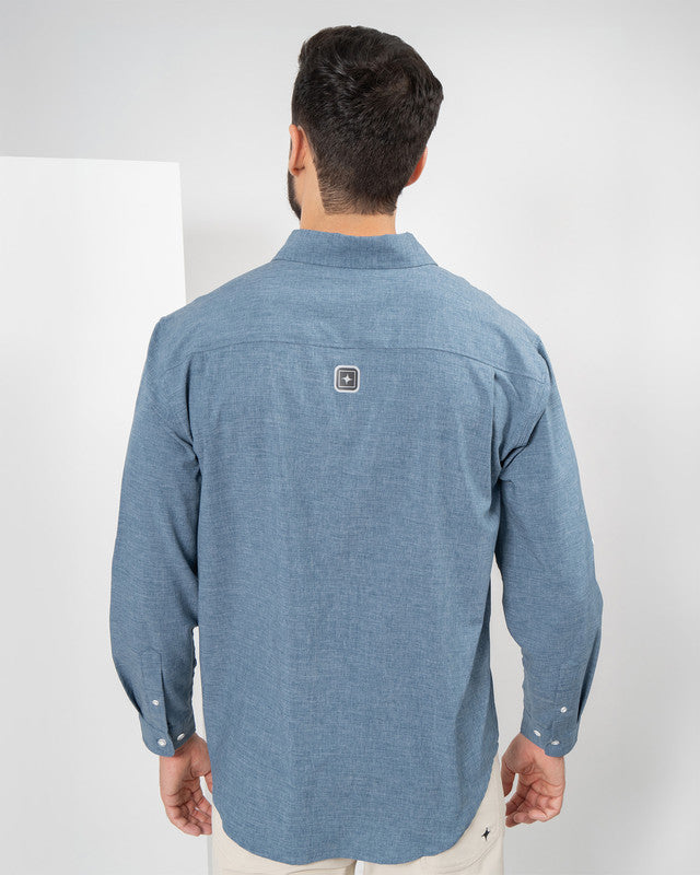 Camisa Casual Paz, Azul, vista posterior, fit Regular, Poliéster, con Tela estiramiento 4 vías, ideal para oficina