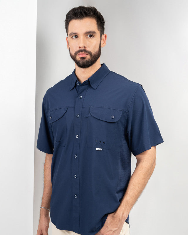 MAJA® Outdoor Signature Shirt, Navy Blue, front view, Relaxed fit, Polyester, with ripstop, ideal for office