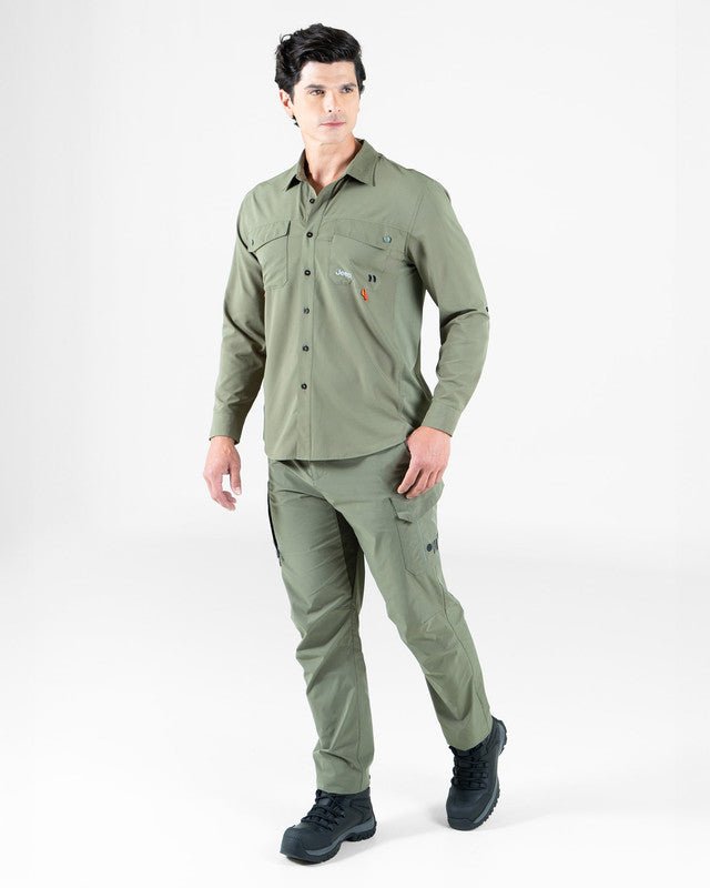 JEEP® x MAJA® Cherokee Outdoor Fishing Long-Sleeve Shirt, Green, detail, Relaxed fit, Polyester, with ripstop, ideal for office