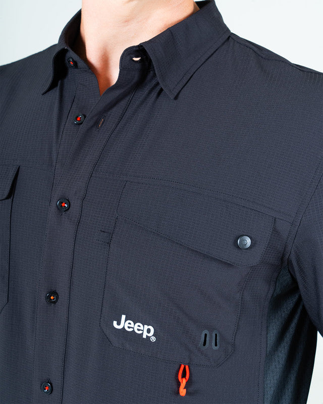 JEEP® x MAJA® Cherokee Outdoor Fishing Long-Sleeve Shirt, Black, back view, Relaxed fit, Polyester, with ripstop, ideal for office