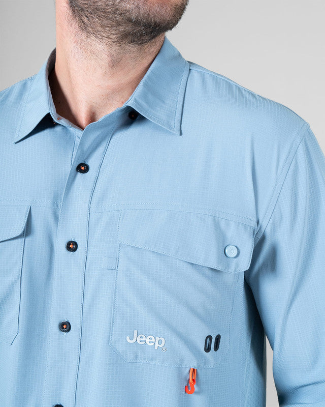 JEEP® x MAJA® Cherokee Outdoor Fishing Long-Sleeve Shirt, Gris azulado, side view, Relaxed fit, Polyester, with ripstop, ideal for office