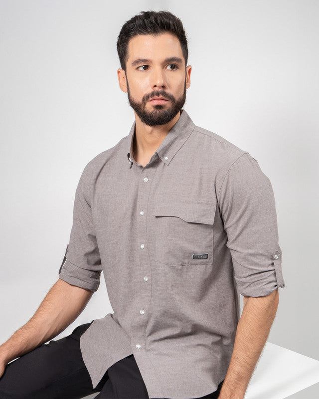 Paz Casual Shirt, Gray, front view, Regular fit, Polyester, with 4-way stretch fabric, ideal for office