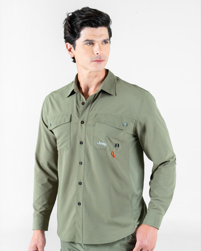 JEEP® x MAJA® Cherokee Outdoor Fishing Long-Sleeve Shirt, Green, front view, Relaxed fit, Polyester, with ripstop, ideal for office