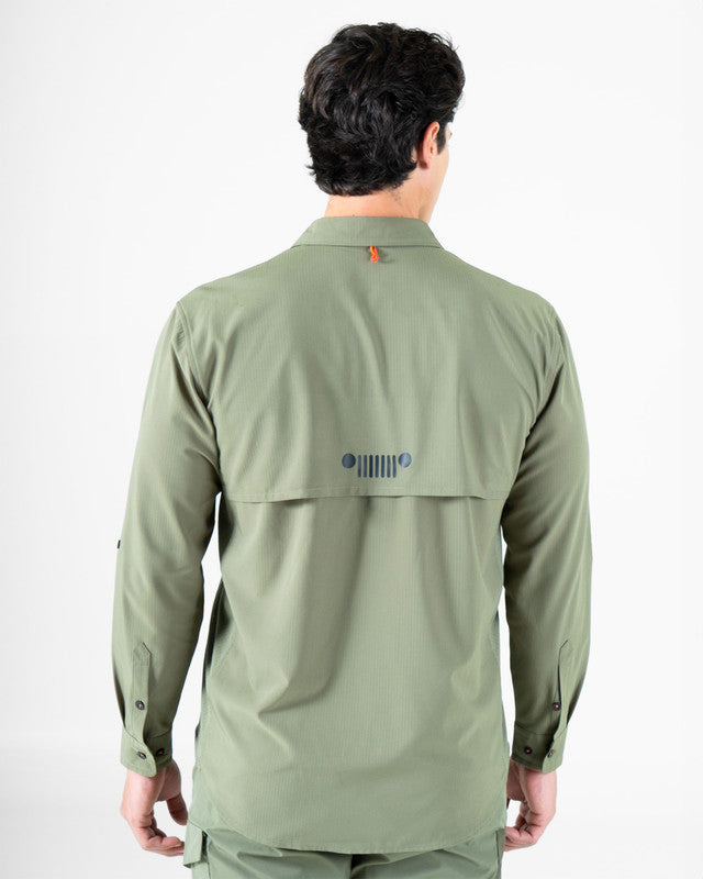 JEEP® x MAJA® Cherokee Outdoor Fishing Long-Sleeve Shirt, Green, back view, Relaxed fit, Polyester, with ripstop, ideal for office