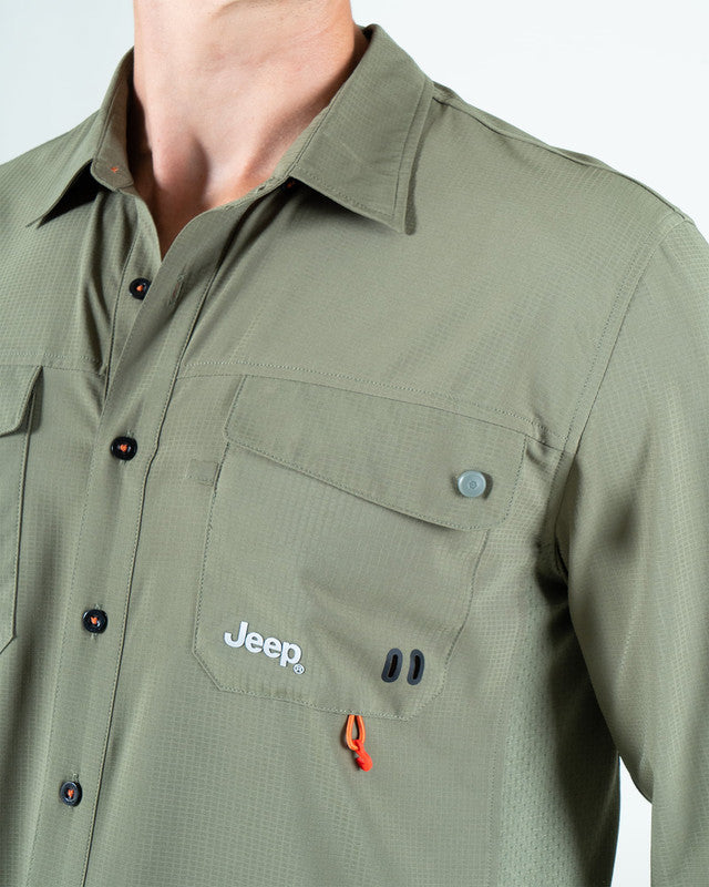 JEEP® x MAJA® Cherokee Outdoor Fishing Long-Sleeve Shirt, Green, side view, Relaxed fit, Polyester, with ripstop, ideal for office