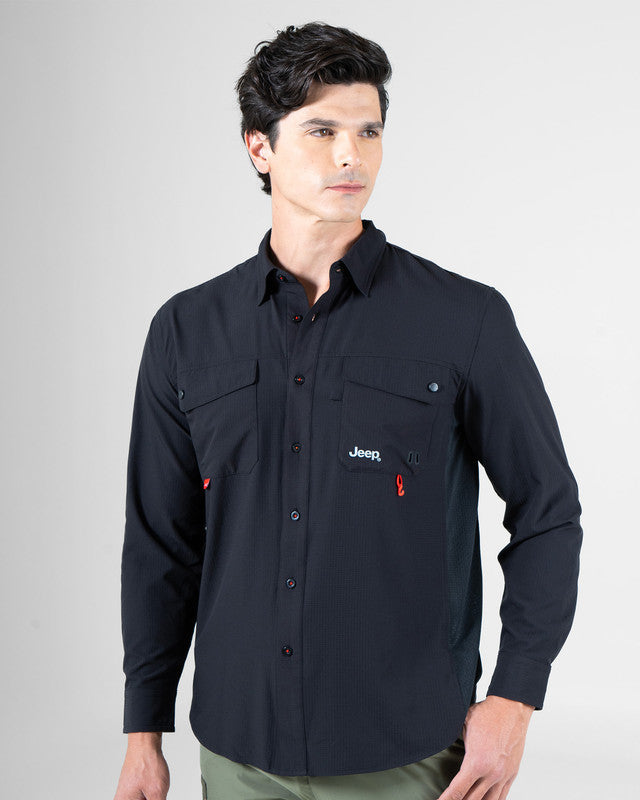 JEEP® x MAJA® Cherokee Outdoor Fishing Long-Sleeve Shirt, Black, front view, Relaxed fit, Polyester, with ripstop, ideal for office