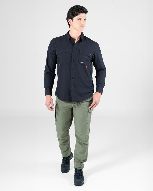 JEEP® x MAJA® Cherokee Outdoor Fishing Long-Sleeve Shirt, Black, detail, Relaxed fit, Polyester, with ripstop, ideal for office