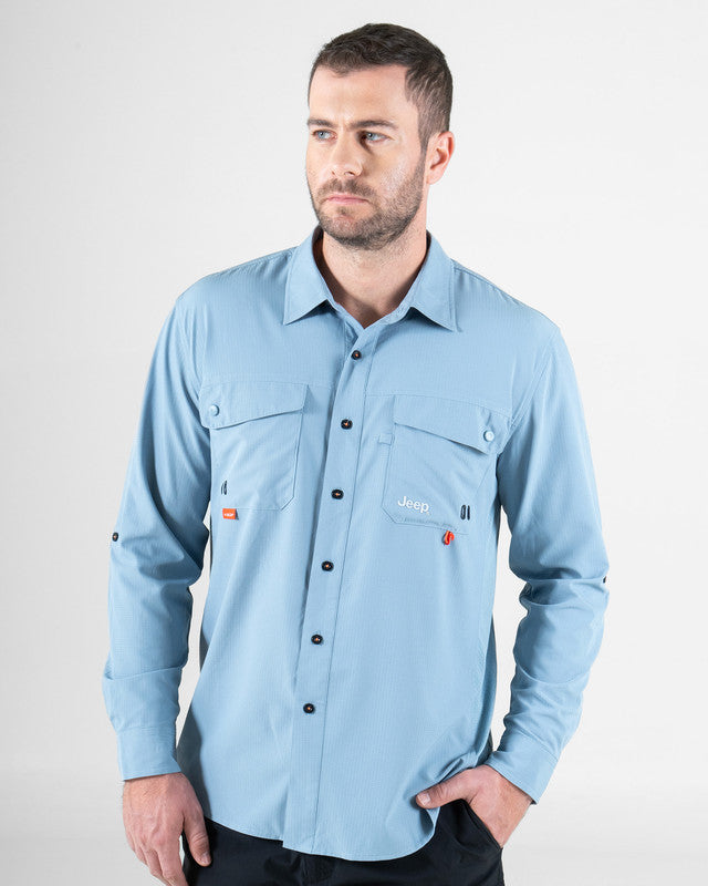 JEEP® x MAJA® Cherokee Outdoor Fishing Long-Sleeve Shirt, Gris azulado, front view, Relaxed fit, Polyester, with ripstop, ideal for office