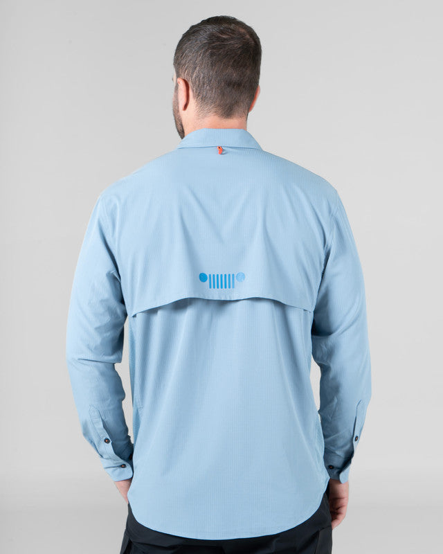 JEEP® x MAJA® Cherokee Outdoor Fishing Long-Sleeve Shirt, Gris azulado, back view, Relaxed fit, Polyester, with ripstop, ideal for office