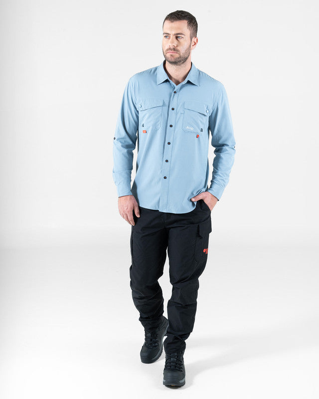 JEEP® x MAJA® Cherokee Outdoor Fishing Long-Sleeve Shirt, Gris azulado, detail, Relaxed fit, Polyester, with ripstop, ideal for office