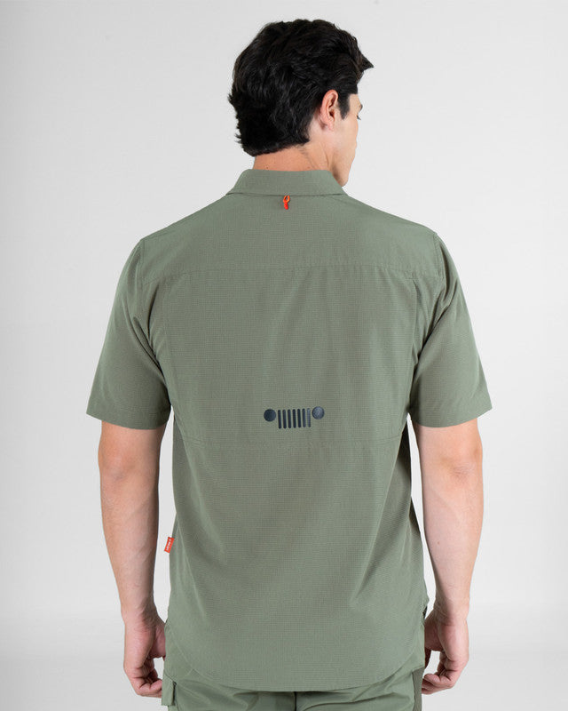 JEEP® x MAJA® Cherokee Outdoor Fishing Short-Sleeve Shirt, Green, back view, Relaxed fit, Polyester, with 4-way stretch fabric, ideal for office