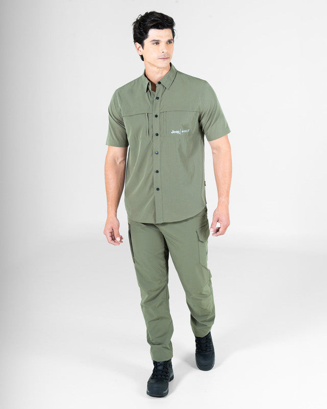 JEEP® x MAJA® Cherokee Outdoor Fishing Short-Sleeve Shirt, Green, detail, Relaxed fit, Polyester, with 4-way stretch fabric, ideal for office