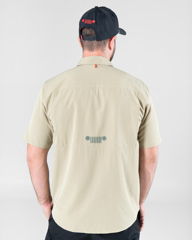 JEEP® x MAJA® Cherokee Outdoor Fishing Short-Sleeve Shirt, Khaki claro, back view, Relaxed fit, Polyester, with 4-way stretch fabric, ideal for office