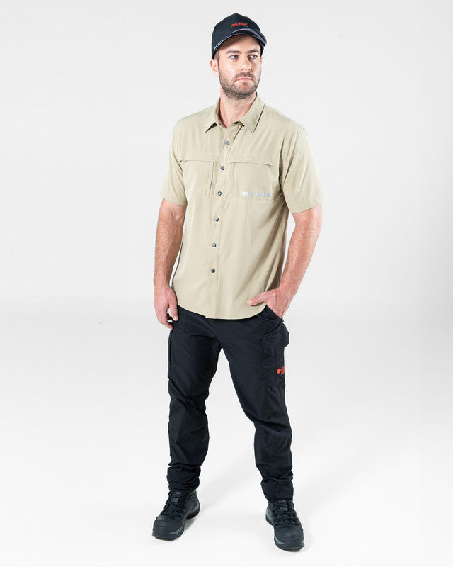 JEEP® x MAJA® Cherokee Outdoor Fishing Short-Sleeve Shirt, Khaki claro, detail, Relaxed fit, Polyester, with 4-way stretch fabric, ideal for office