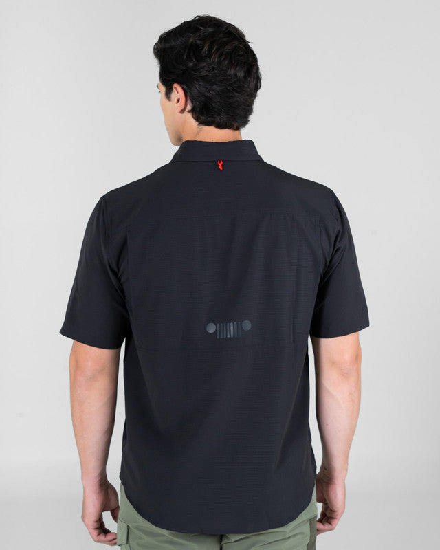 JEEP® x MAJA® Cherokee Outdoor Fishing Short-Sleeve Shirt, Black, back view, Relaxed fit, Polyester, with 4-way stretch fabric, ideal for office
