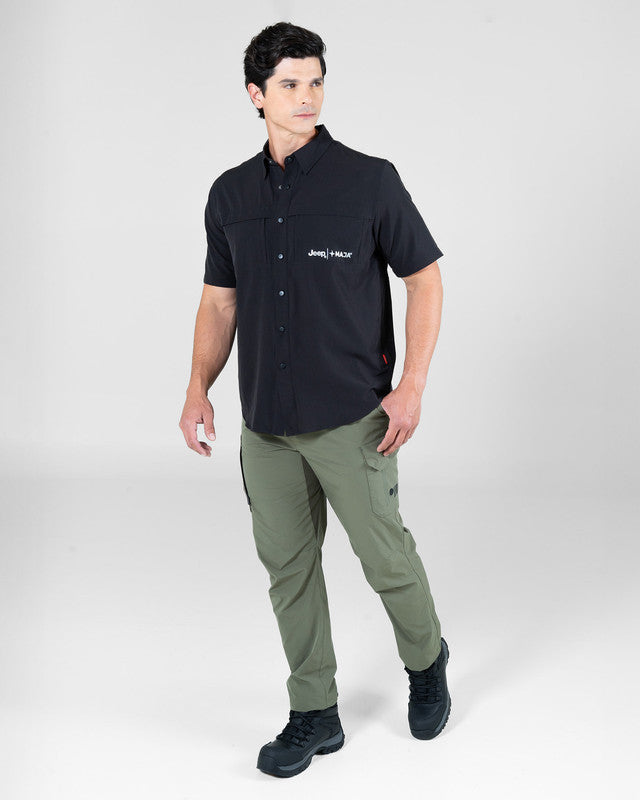 JEEP® x MAJA® Cherokee Outdoor Fishing Short-Sleeve Shirt, Black, detail, Relaxed fit, Polyester, with 4-way stretch fabric, ideal for office