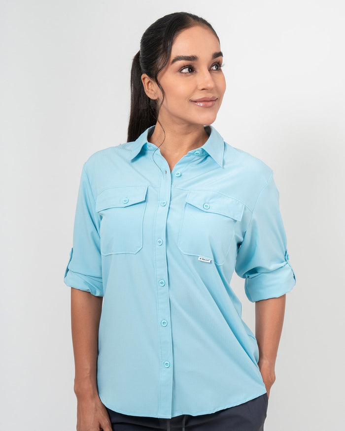 Camisa Outdoor Signature, Azul Cielo, vista frontal, fit Regular, Poliéster, con Tela antidesgarro, ideal para oficina